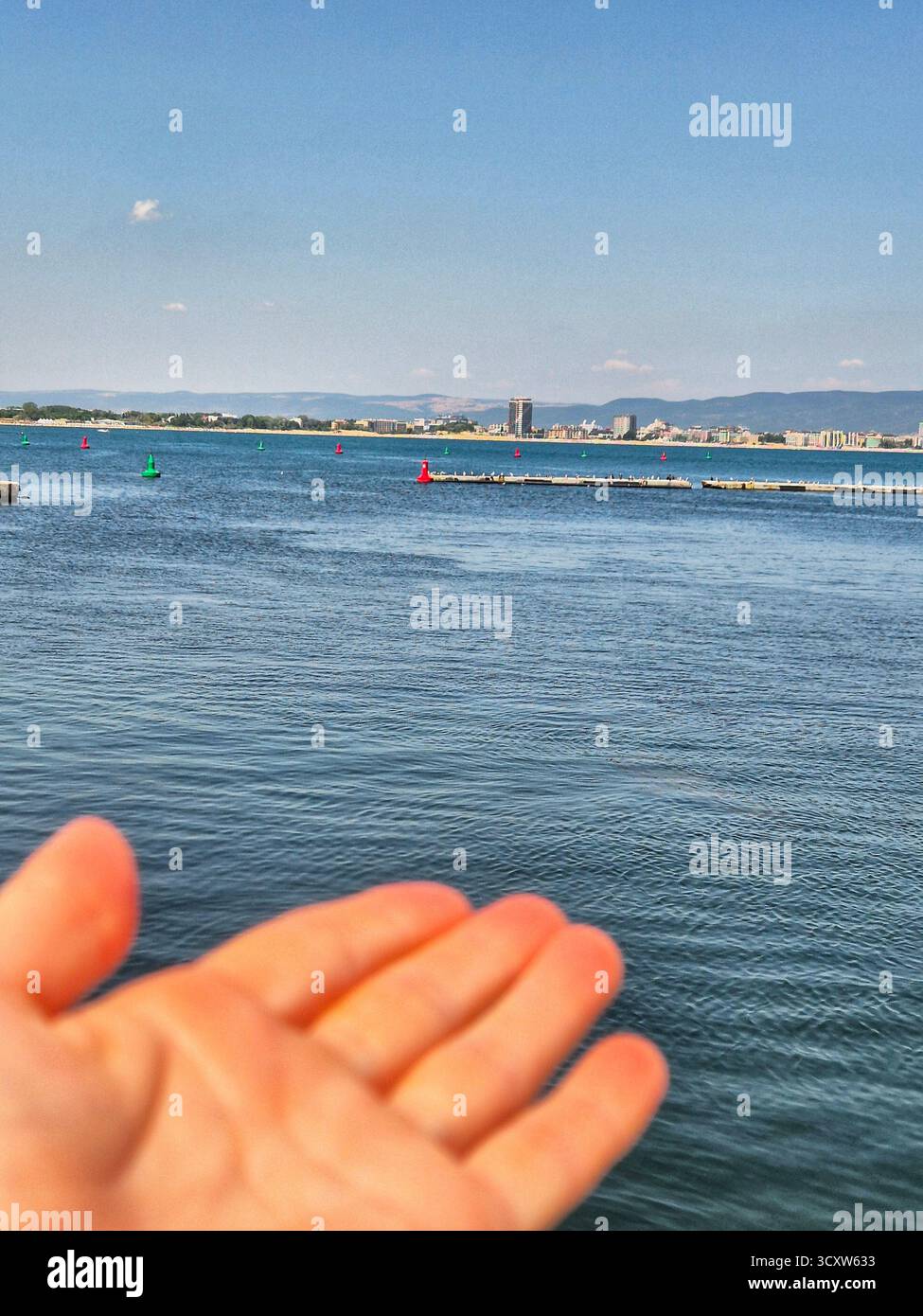 hand pointing at the sea panorama - Smartphone Captured Stock Image