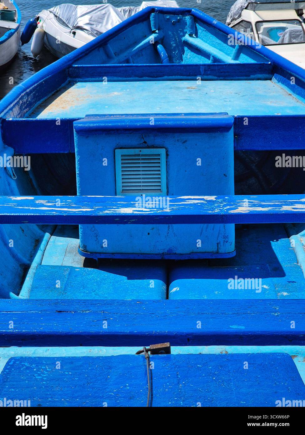 Close-up view of the bow of a blue boat, seen from the inside - Smartphone Captured Stock Image