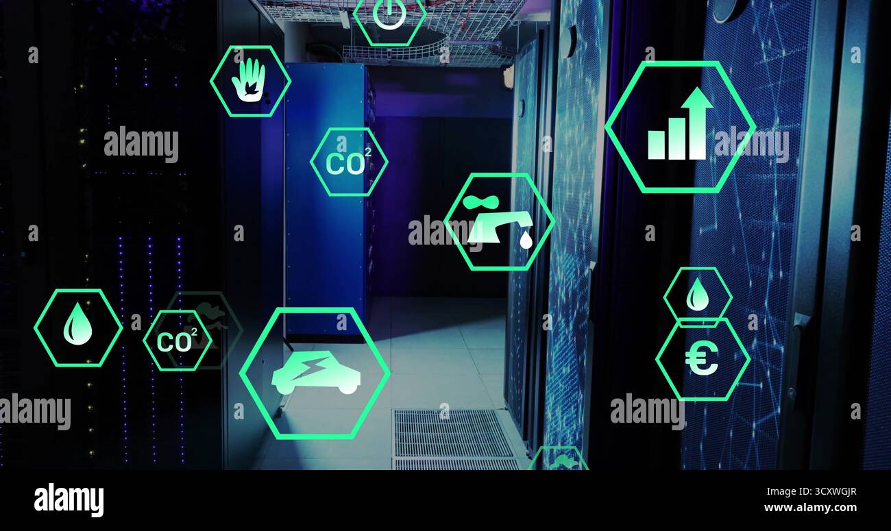 Glowing server racks illuminating data center corridor with blue LEDs, featuring green metric icons Stock Photo