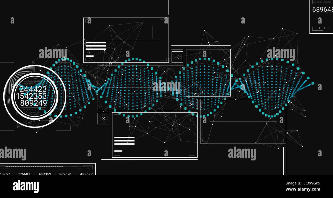 Displaying turquoise dotted waveform streaming across layered GUI, with wireframe nodes, data gauge Stock Photo