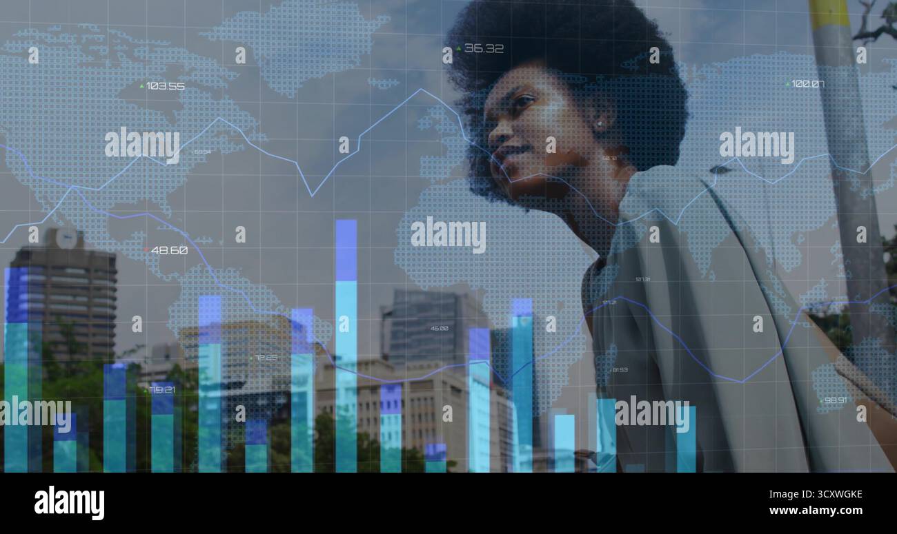Woman wearing blazer analyzing data over city skyline, overlaying bar ...