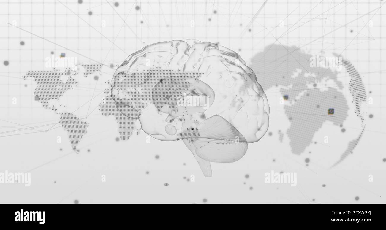 Floating 3D brain model hovering in grid backdrop, with network nodes and dotted world maps Stock Photo