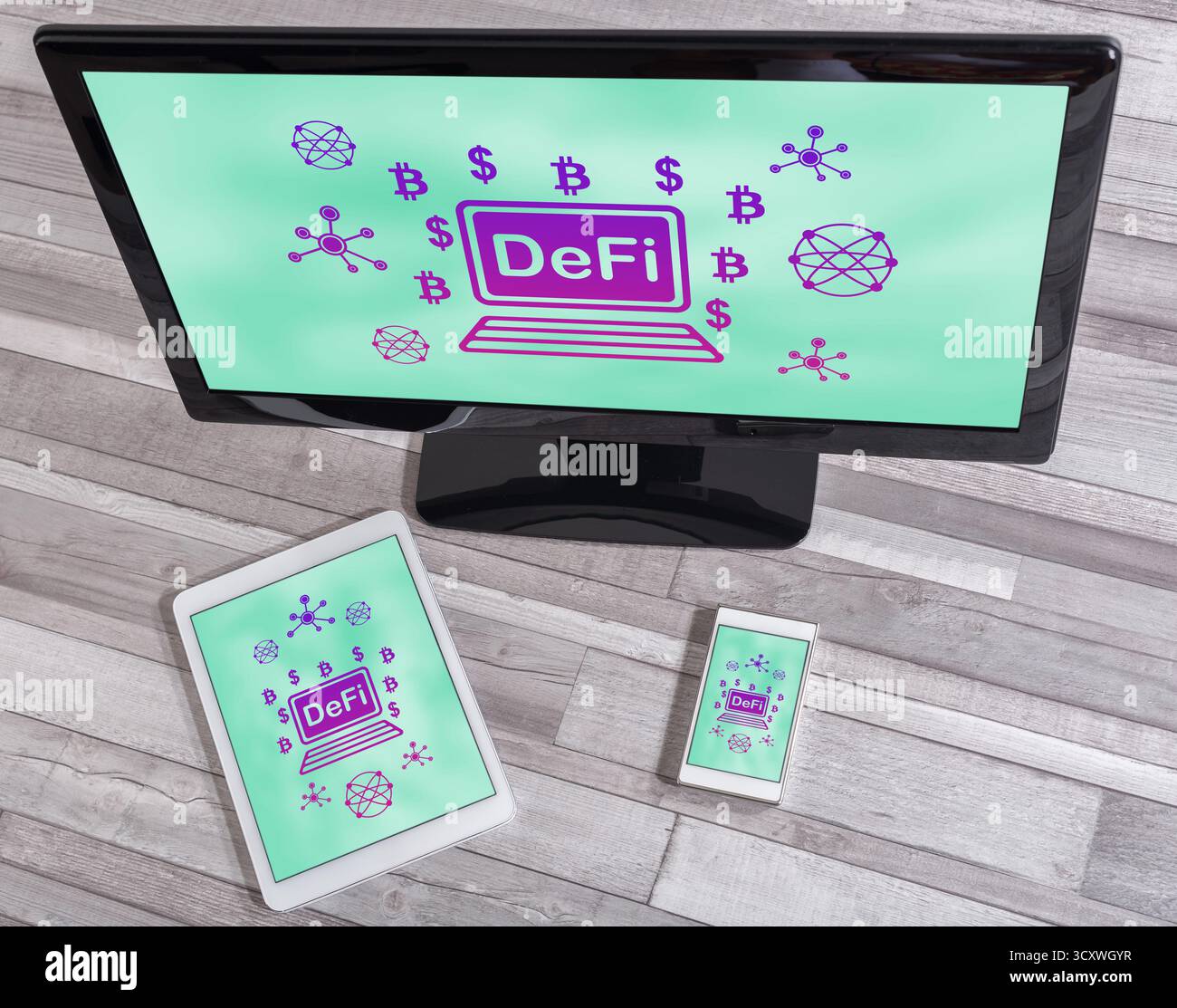 Defi concept shown on different information technology devices Stock Photo