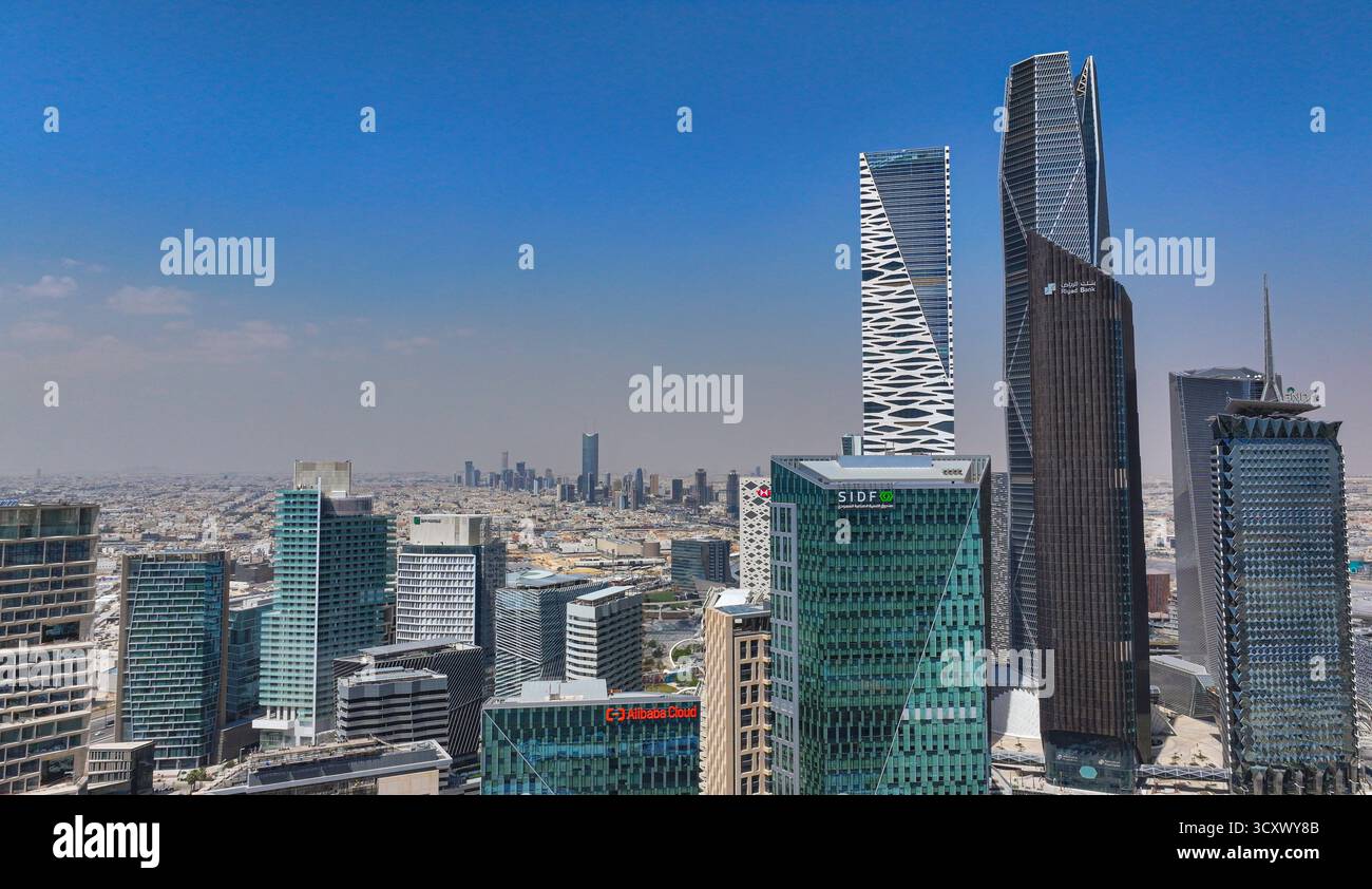 Aerial drone view of King Abdullah Financial District (KAFD) in Riyadh, Saudi Arabia, showing modern skyscrapers and futuristic architecture. Stock Photo