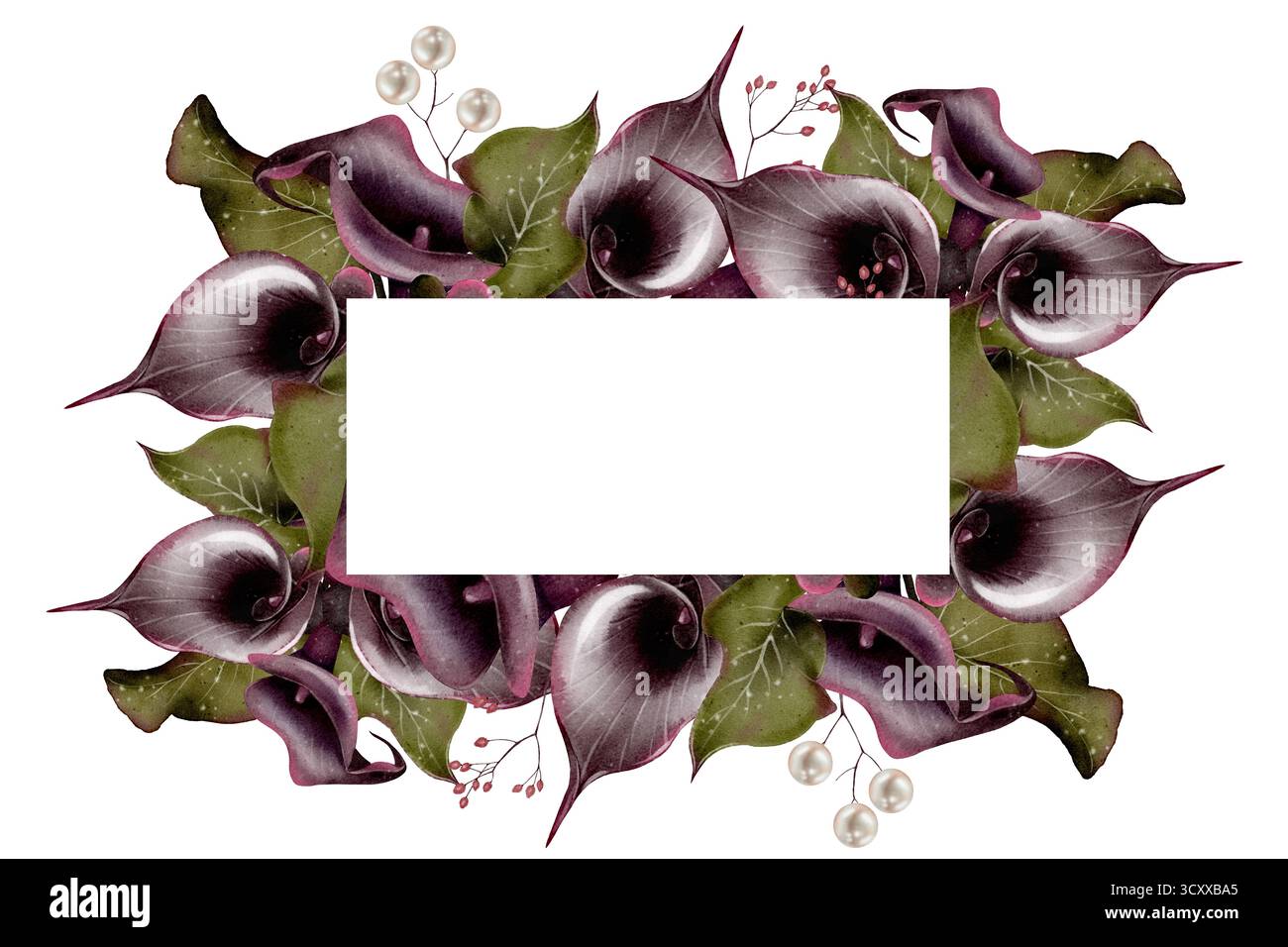 Watercolor rectangular floral frame with burgundy calla lilies and ...
