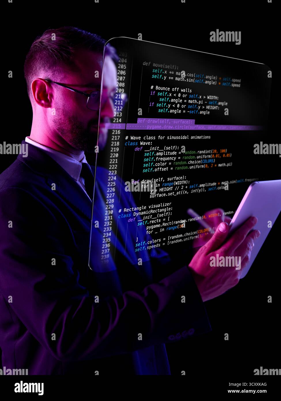 Modern collage. Developer studying holographic code reflected on transparent screen with tablet in neon light Stock Photo