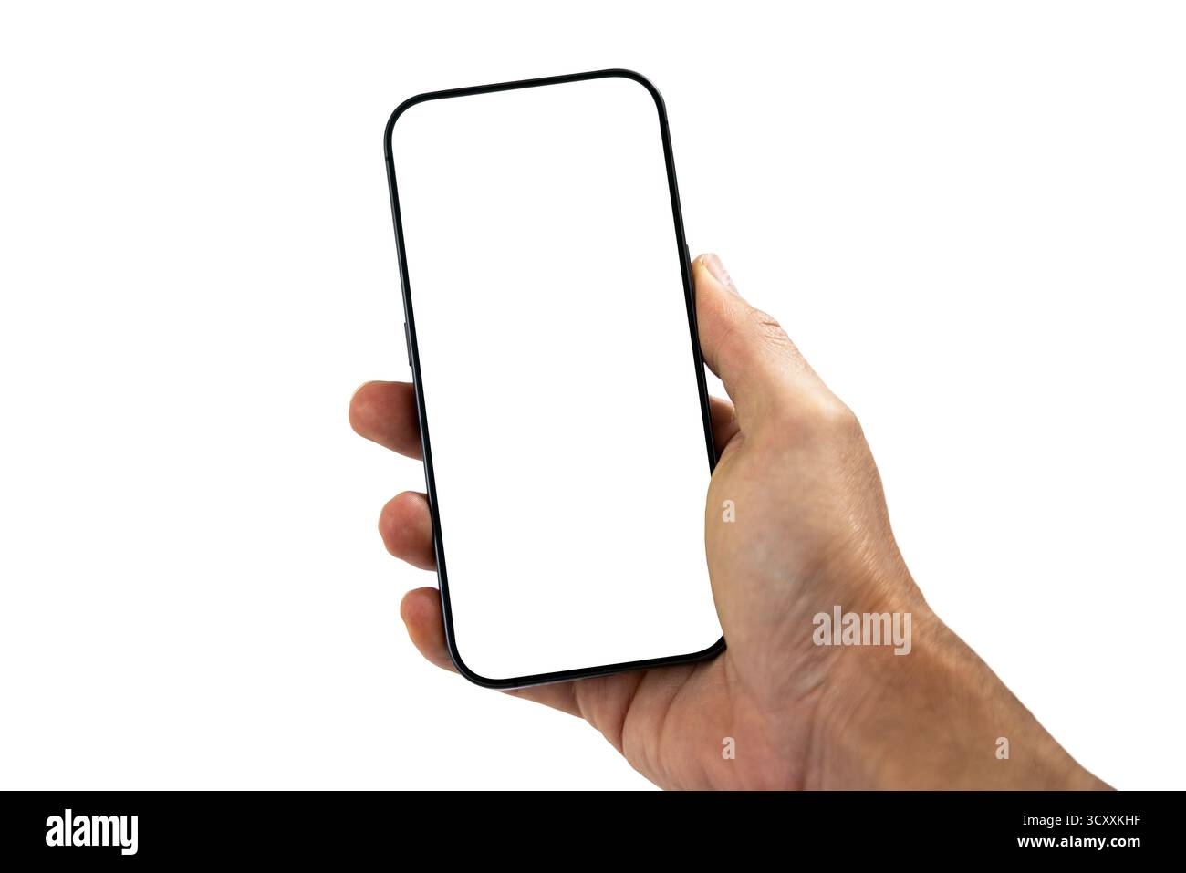 Hand holding smartphone with white screen isolated Stock Photo