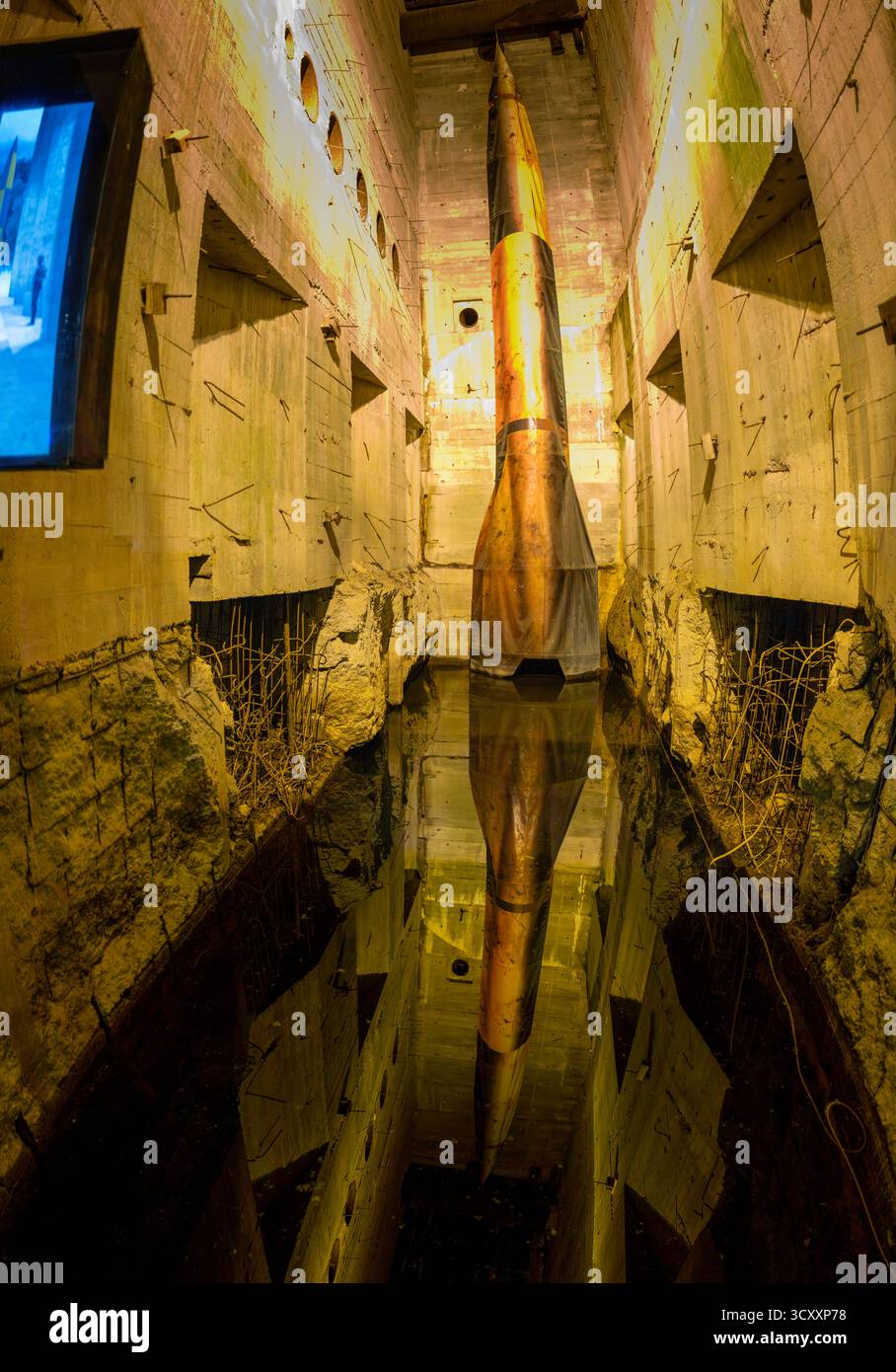 German V2 rocket in the concrete Blockhaus bunker at EPERLECQUES, France. Stock Photo