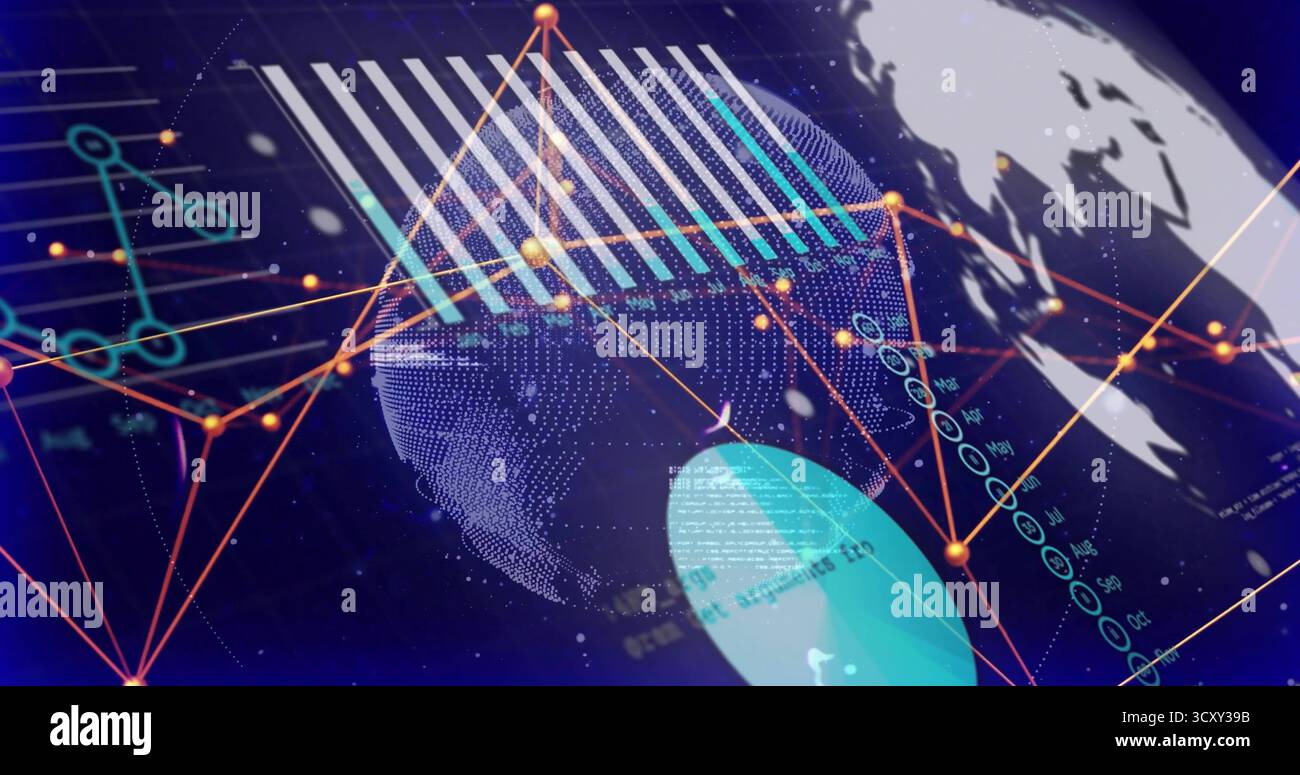 Showing dotted globe pulsing links in interface with orange nodes, turquoise segment, data points Stock Photo