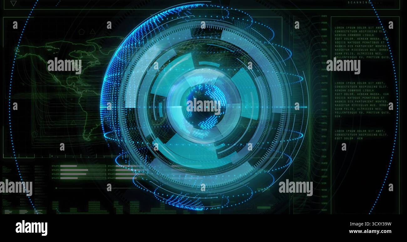 Showing holographic globe rotating on virtual control interface, with data rings and map overlay Stock Photo
