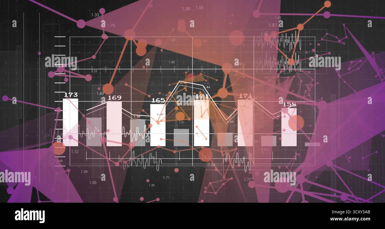 Displaying abstract bars and overlaid line graphs on dark grid dashboard, with numeric annotations Stock Photo