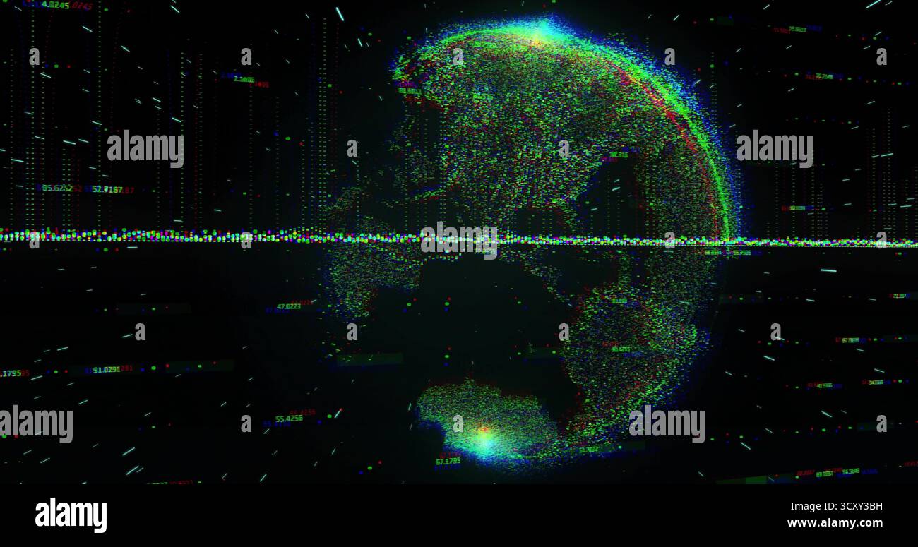 Rotating point cloud Earth globe in virtual interface, with data stream and glitch artifacts Stock Photo