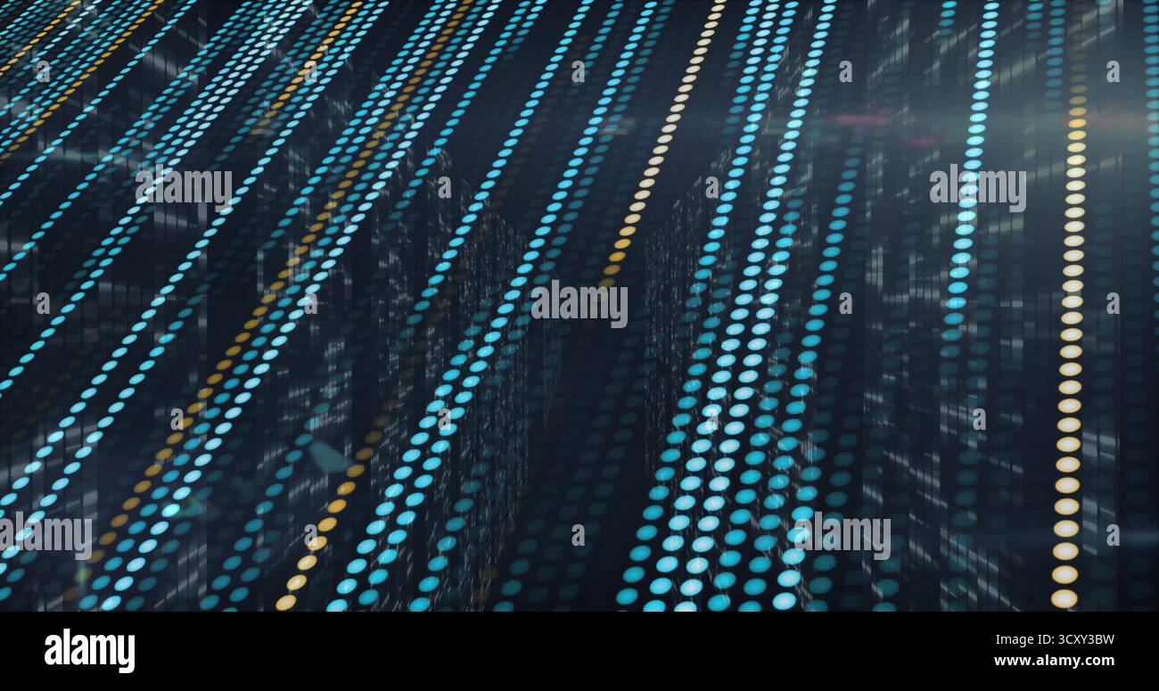 Streaming vertical columns forming data matrix in reflective digital scene, with light point grid Stock Photo