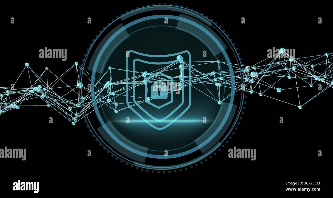 Featuring central shield emblem with padlock in circular interface in network, with glowing nodes Stock Photo