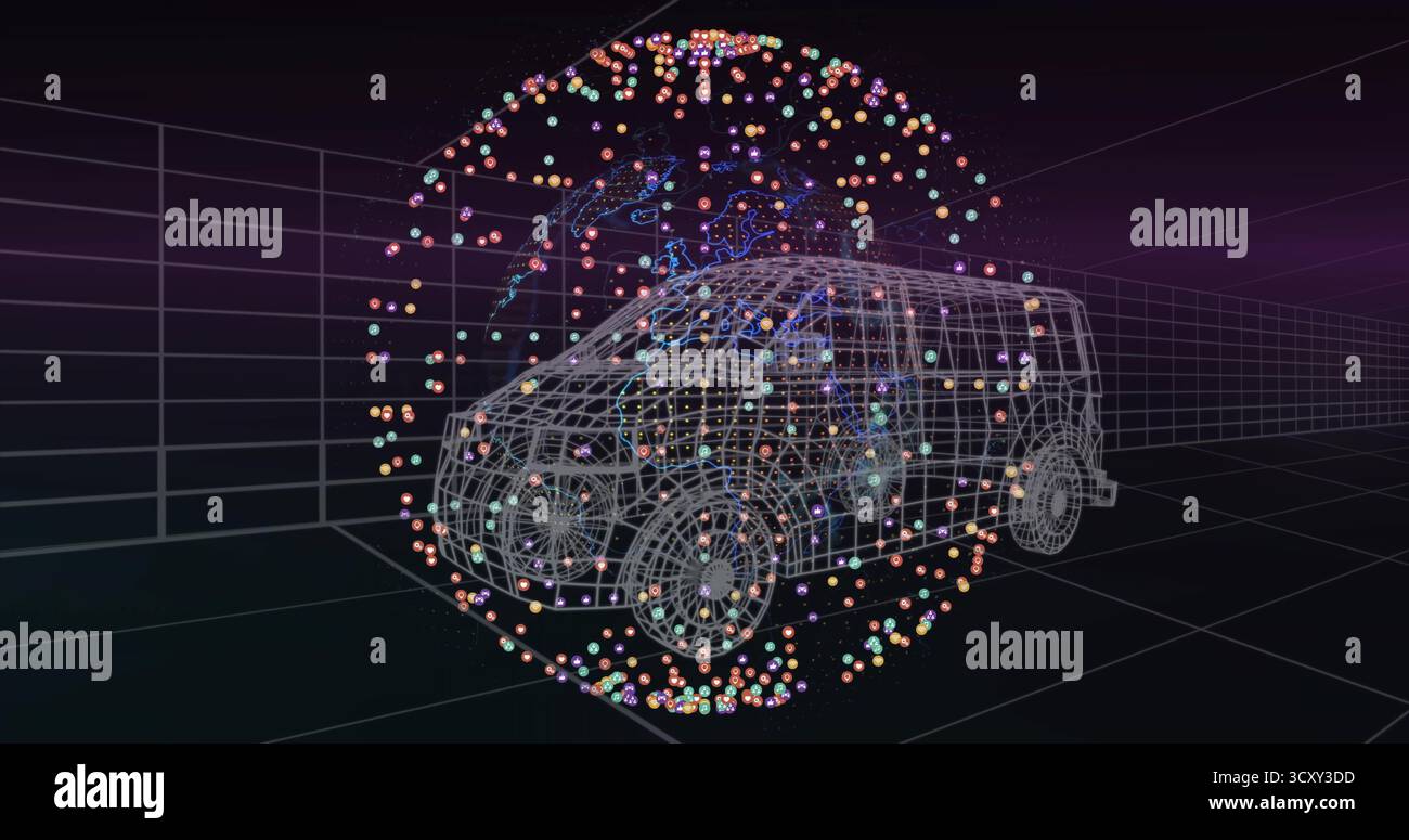 Displaying wireframe model van rotating within virtual 3D grid chamber, with colorful data points Stock Photo