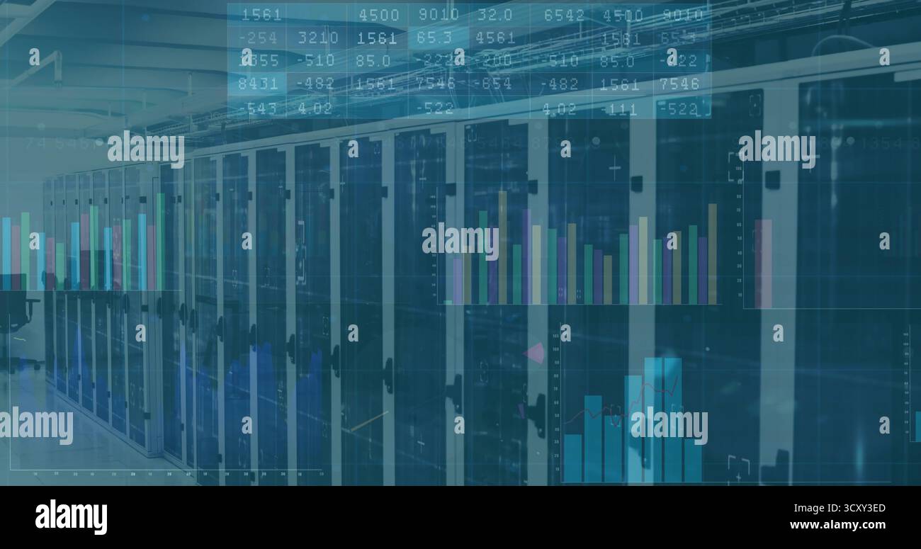 Showing server cabinets featuring blade servers and LED lights in data center, chart overlays Stock Photo