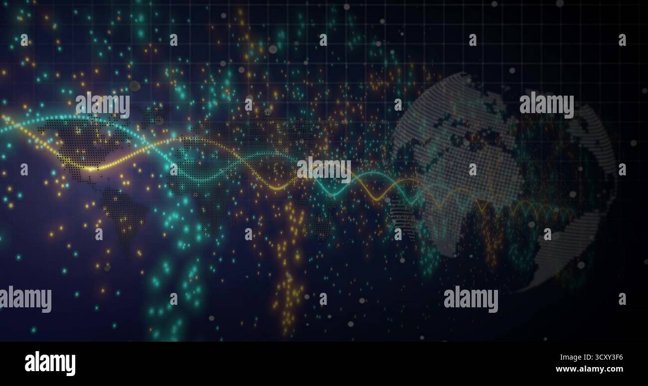 Moving sine wave data stream across digital grid overlay, with glowing data points, wireframe globe Stock Photo