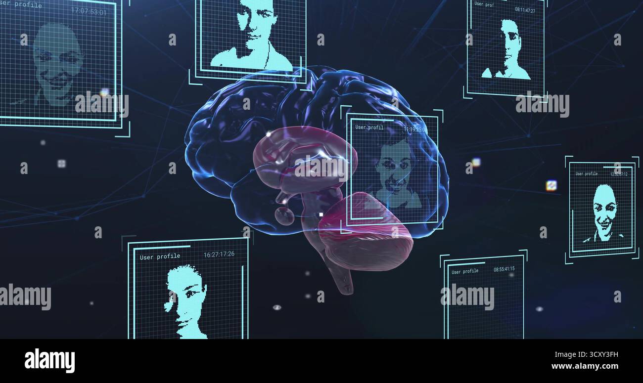Floating 3D brain model forming connections to user profiles in virtual ...