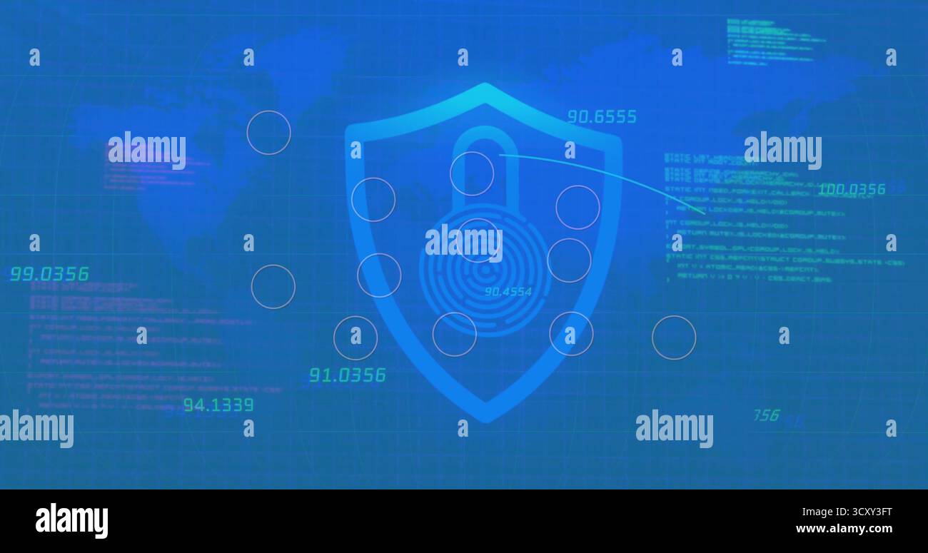 Central translucent shield displaying fingerprint motif in security dashboard, with network nodes Stock Photo