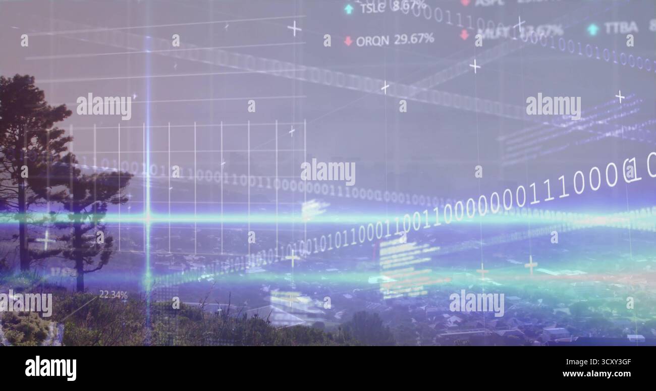 Displaying glowing binary code streams and floating percentages over hillside and valley town Stock Photo