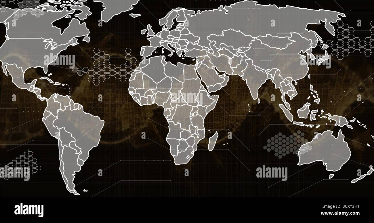 Displaying white outlined world map on digital screen with glowing data points and hex grid lines Stock Photo