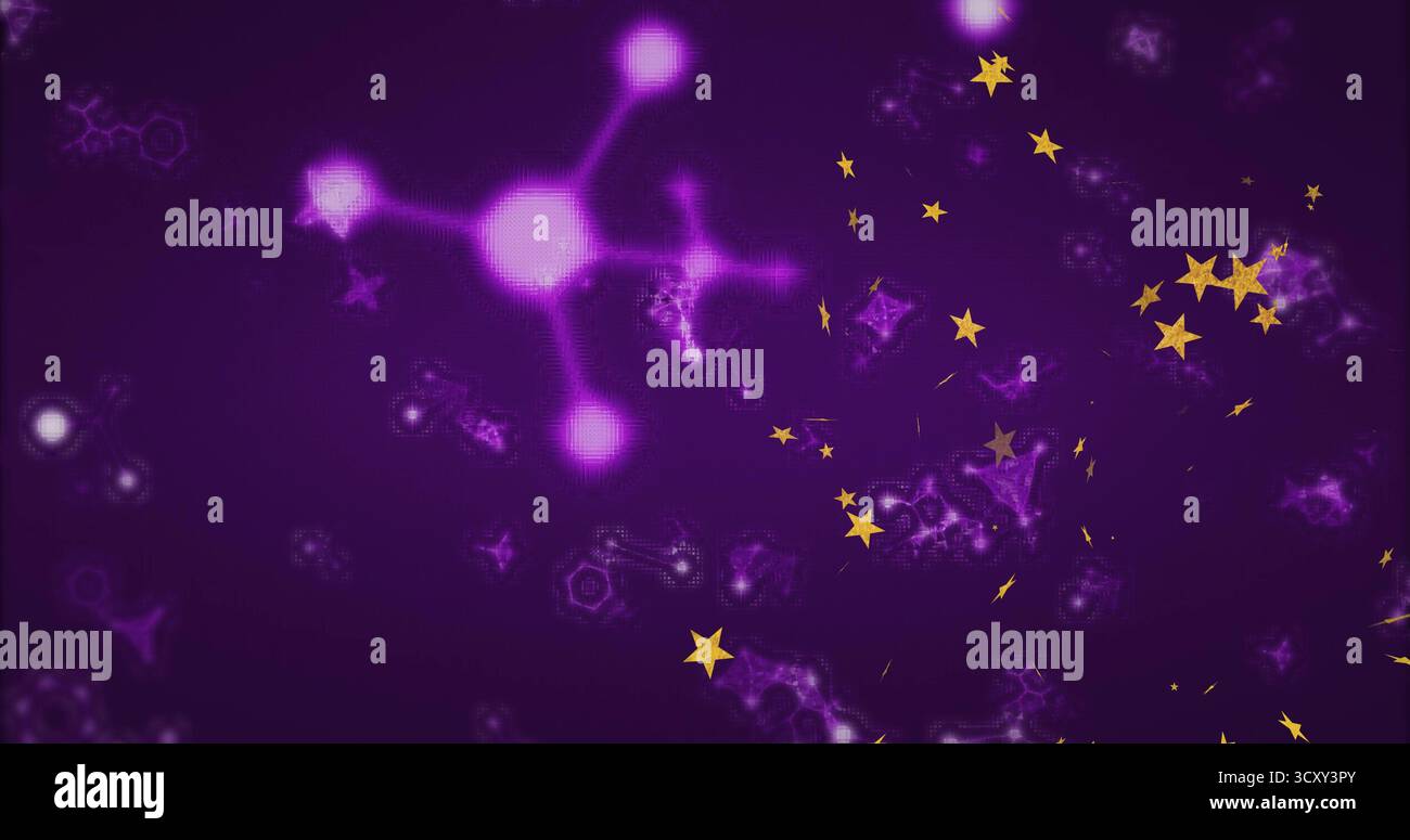 Featuring glowing purple molecular structure in digital scene, with golden stars and hexagon motifs Stock Photo