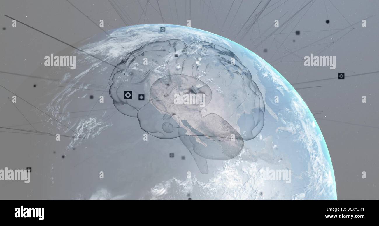 Floating translucent brain model radiating network lines above Earth, with digital square nodes Stock Photo