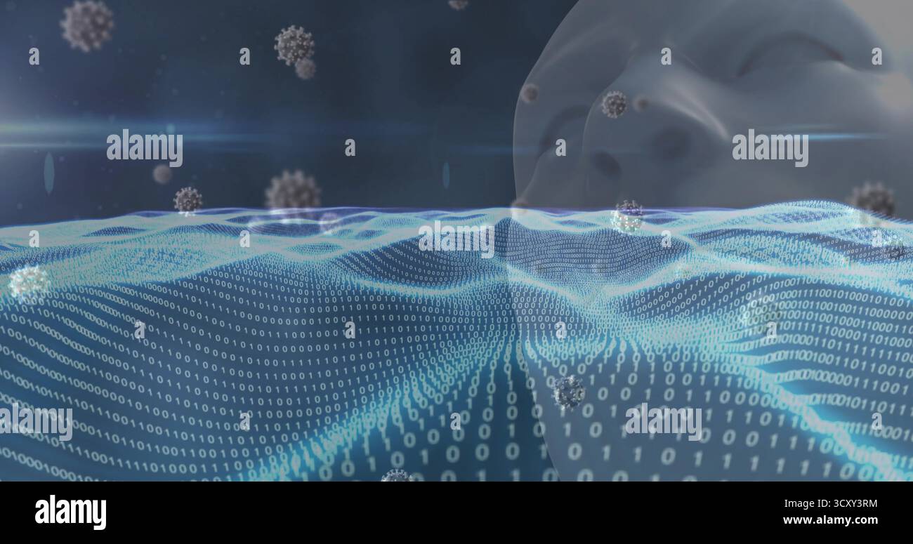 Flowing binary mesh waves forming data ocean, with viral spheres and ghostly face silhouette Stock Photo