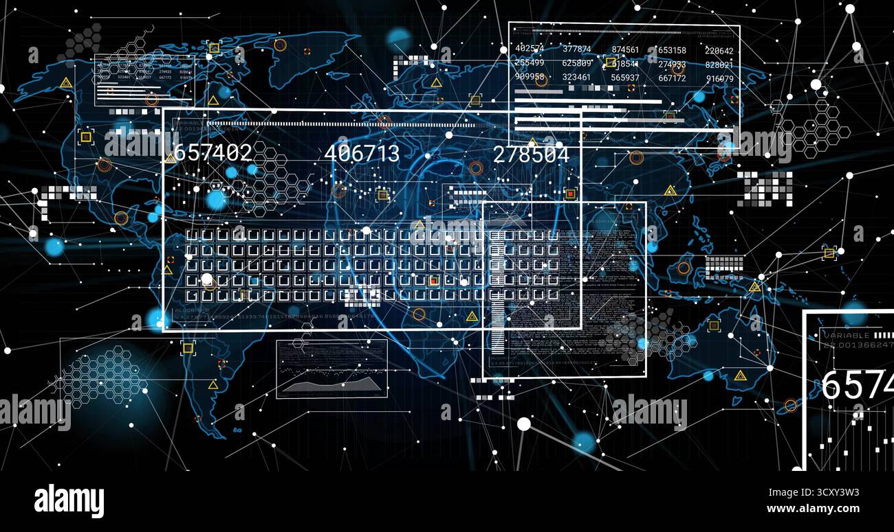 Displaying translucent keyboard floating over network interface, with world map and data panels Stock Photo