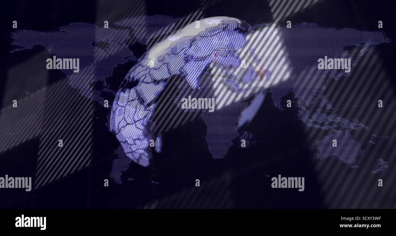 Displaying 3D globe rotating on dark dashboard interface, with world map grid and red markers Stock Photo
