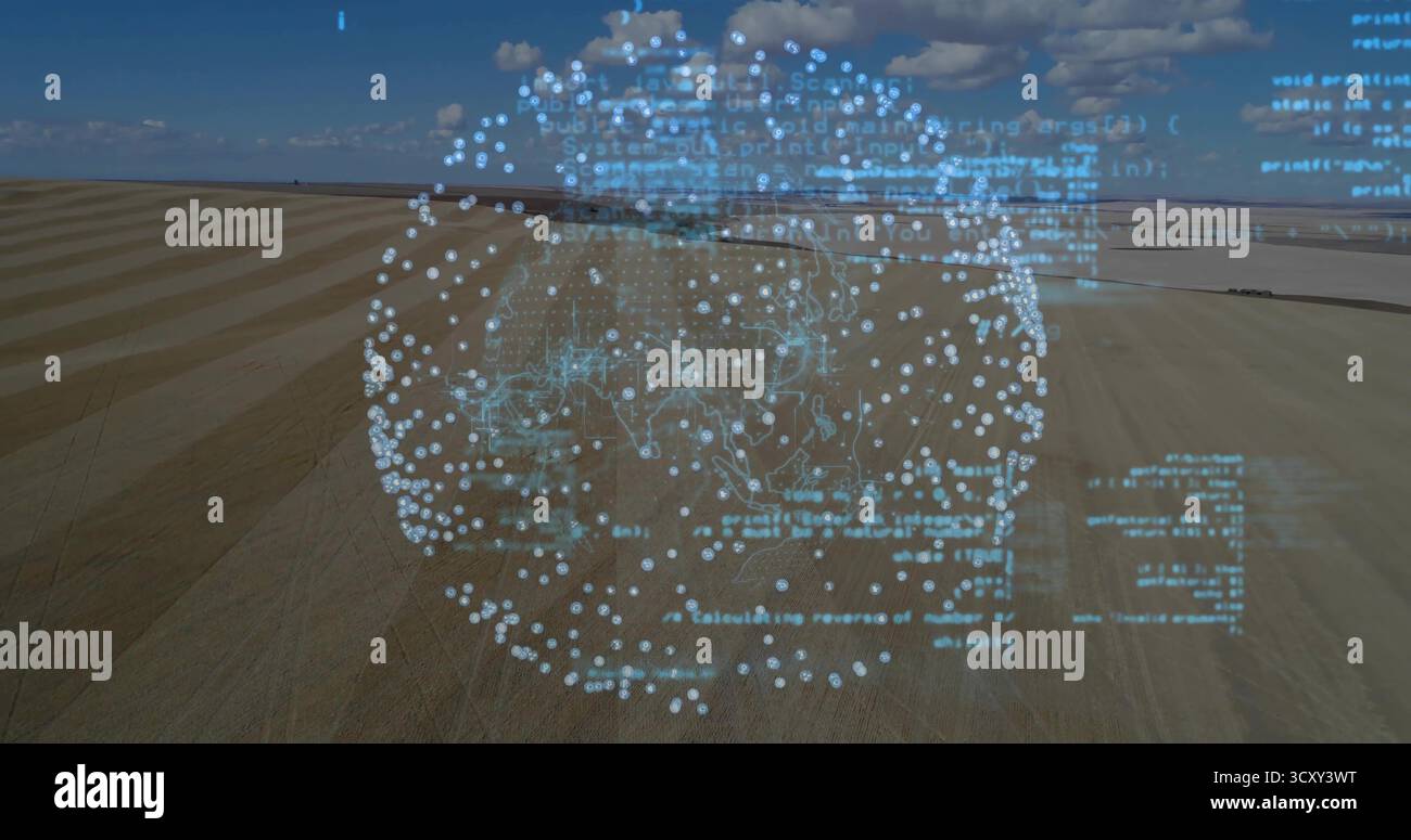 Projecting holographic data sphere hovering above stubble rows at farm, with glowing code network Stock Photo