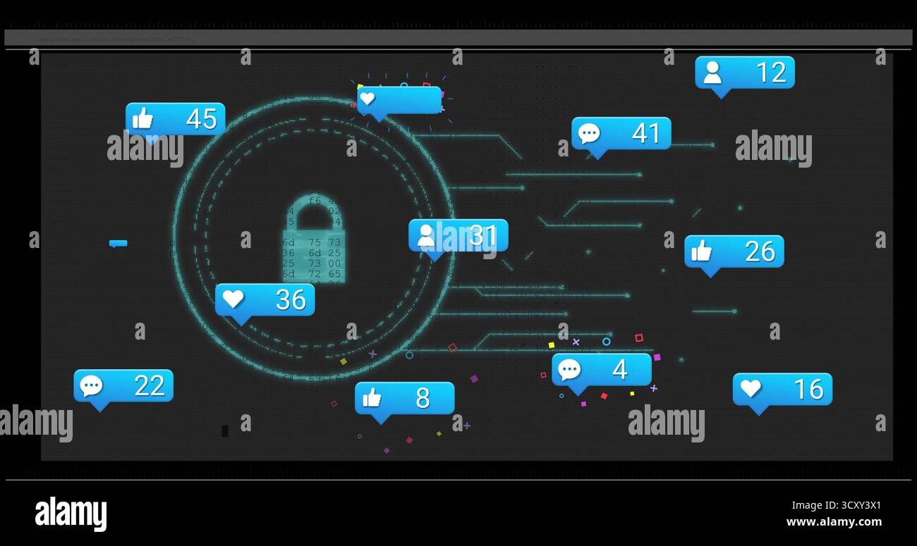 Connecting teal padlock icon linking circuit rings in cyber UI with ...