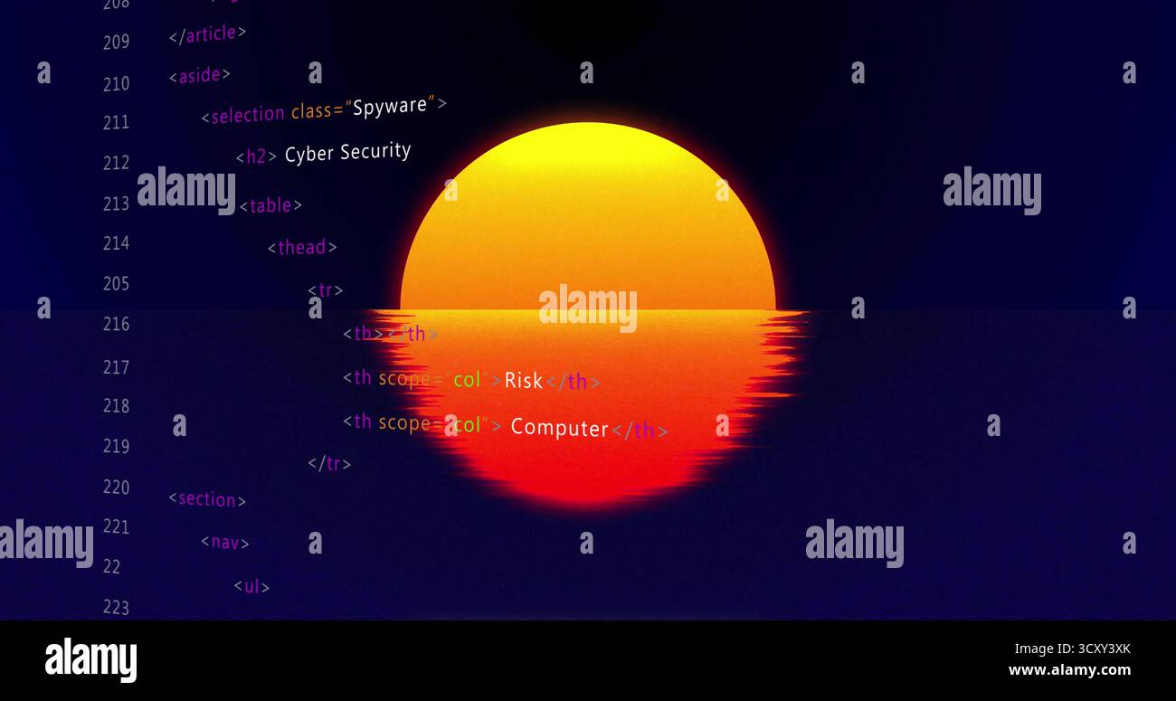 Stylized sun graphic displaying on digital interface, with reflective water and HTML code overlay Stock Photo