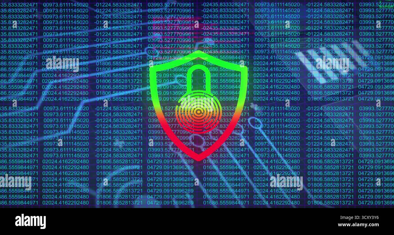 Displaying shield icon featuring padlock and fingerprint pattern against cascading code on display Stock Photo