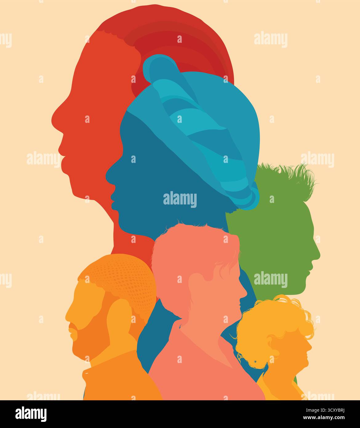 Unity and equality represented through colorful multicultural human silhouettes in profile Stock Vector