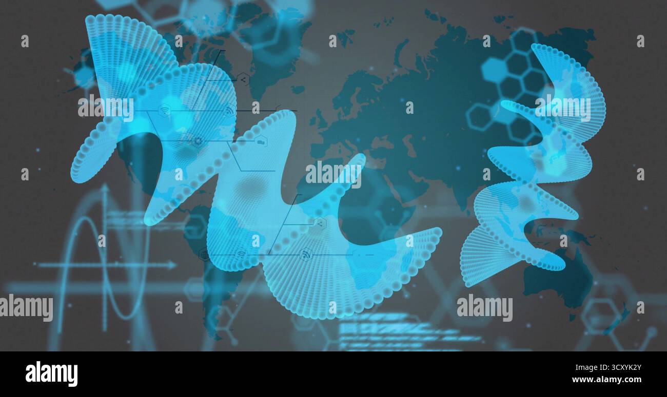 Displaying layered blue wave surfaces and world map on dashboard, with alphanumeric data overlays Stock Photo