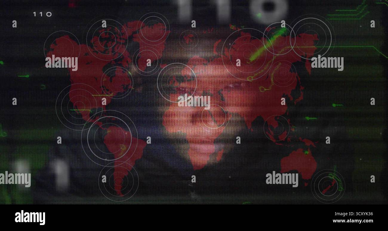 Displaying red world map overlaying interface with concentric hotspots, scan lines and green data Stock Photo