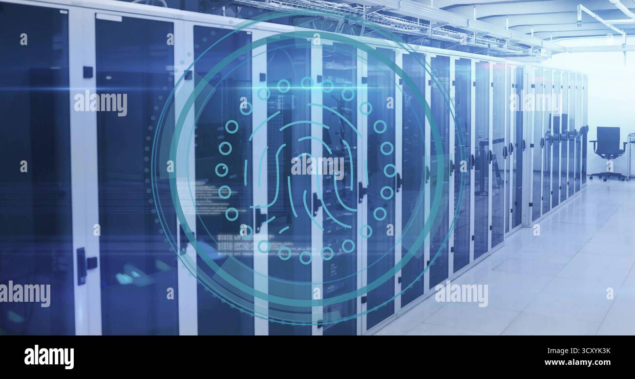 Displaying server cabinets running cabling along data center corridor, with fingerprint graphic Stock Photo