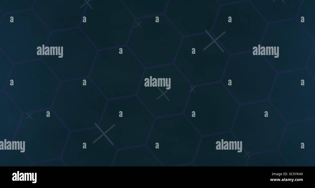 Displaying hexagonal grid on dark backdrop showing aqua and lavender cross marks Stock Photo