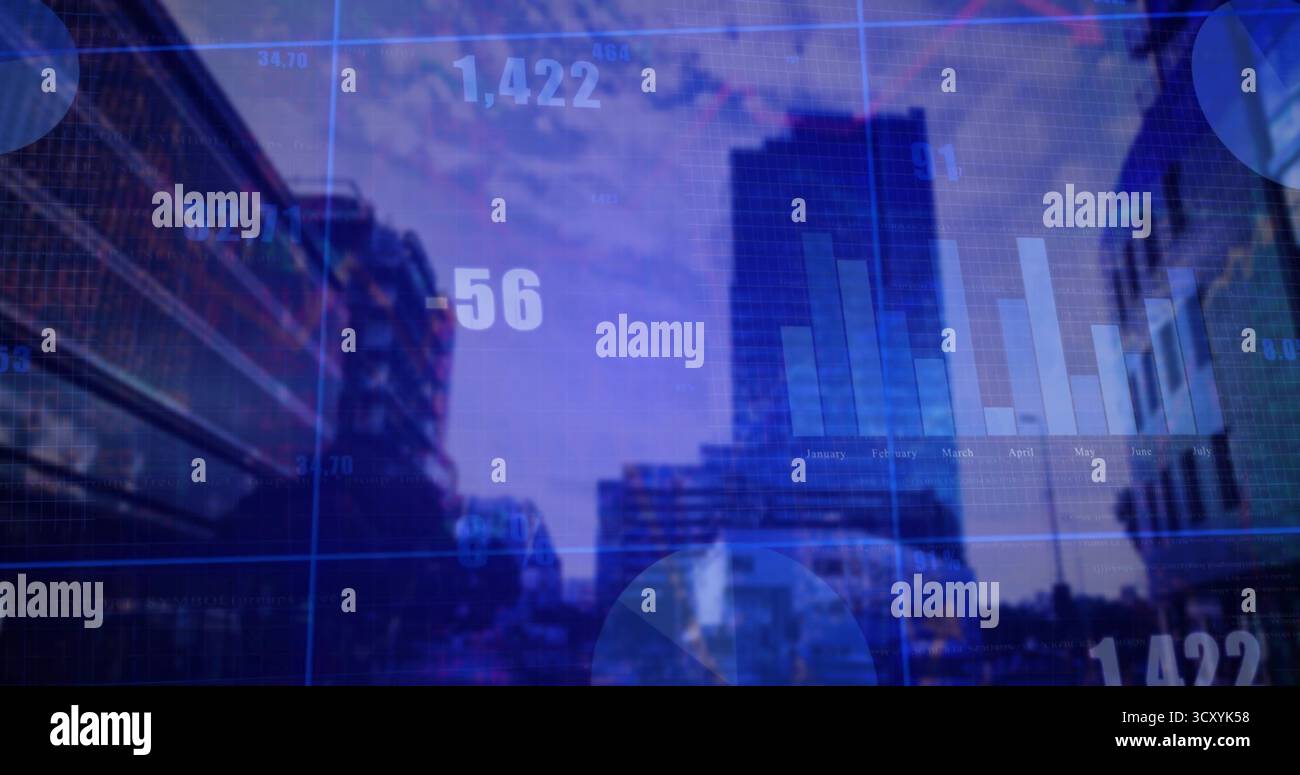 Projecting translucent overlay covering dusk street, with bar charts ...