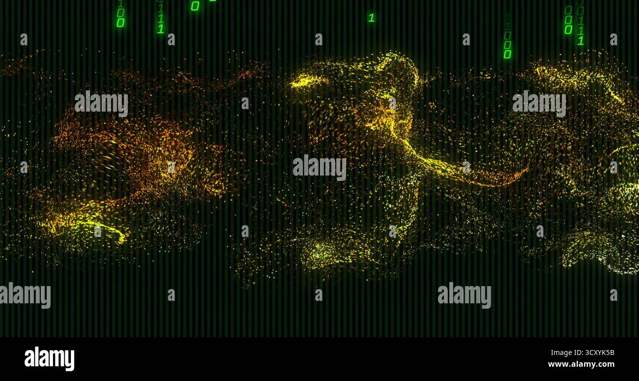 Swirling yellow-orange clusters flowing across screen with green binary digits streaming vertically Stock Photo