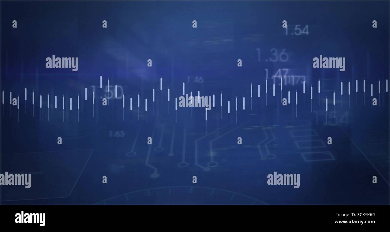Displaying central white bar waveform on blue screen, with numeric data and circuit traces Stock Photo