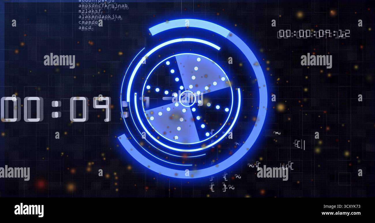 Displaying circular HUD display animating neon progress arcs on dark grid, with digital timer Stock Photo