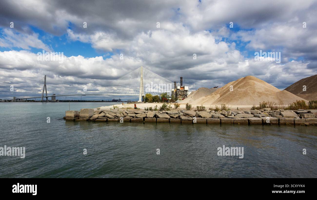 Gordie Howe Bridge Wide Afternoon View including surrounding aggregate. Stock Photo