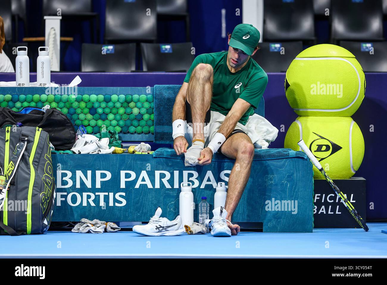 Brussels, Belgium. 16th Oct, 2025. USA's Eliot Spizzirri pictured during the European Open ATP tennis tournament in Brussels, on Thursday 16 October 2025. This year's edition of the tournament is taking place from 12 to 19 October 2025. BELGA PHOTO DAVID PINTENS Credit: Belga News Agency/Alamy Live News Stock Photo