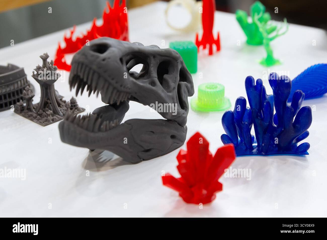 3d printed decorative objects displayed on a table. Industry Stock Photo