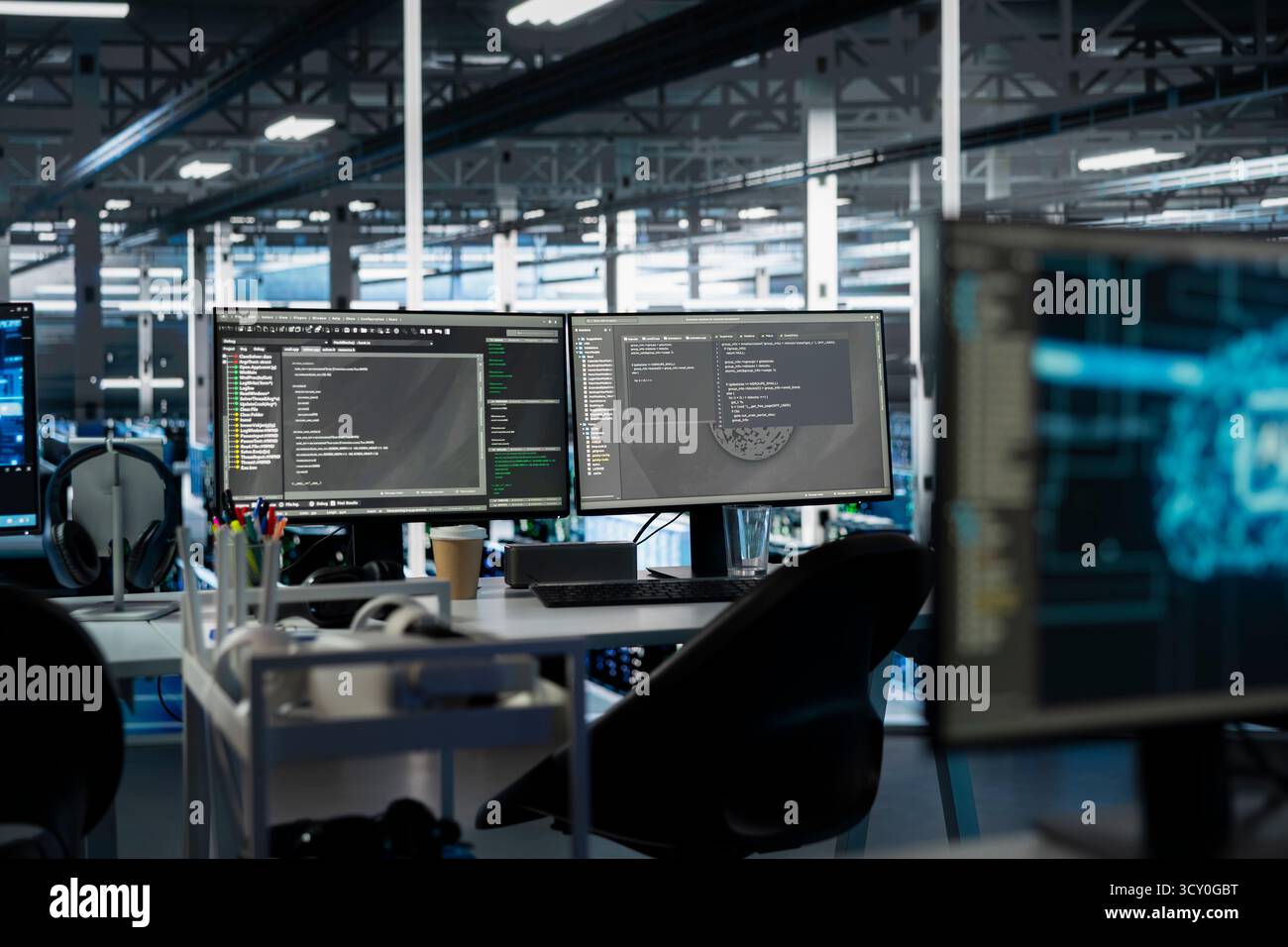 Artificial intelligence app interface on PC monitors in data center ...
