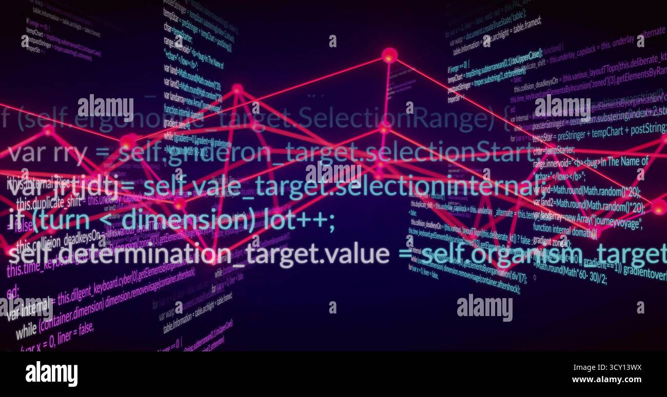 Displaying glowing magenta network graph forming 3D data flow in data space, with code panels Stock Photo