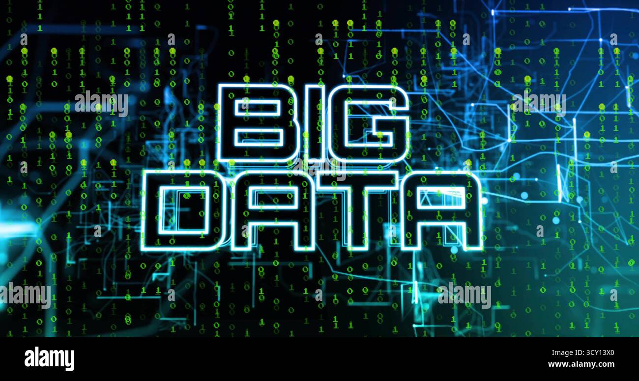 Displaying neon-blue BIG DATA text over network grid, with glowing circuits and green binary code Stock Photo