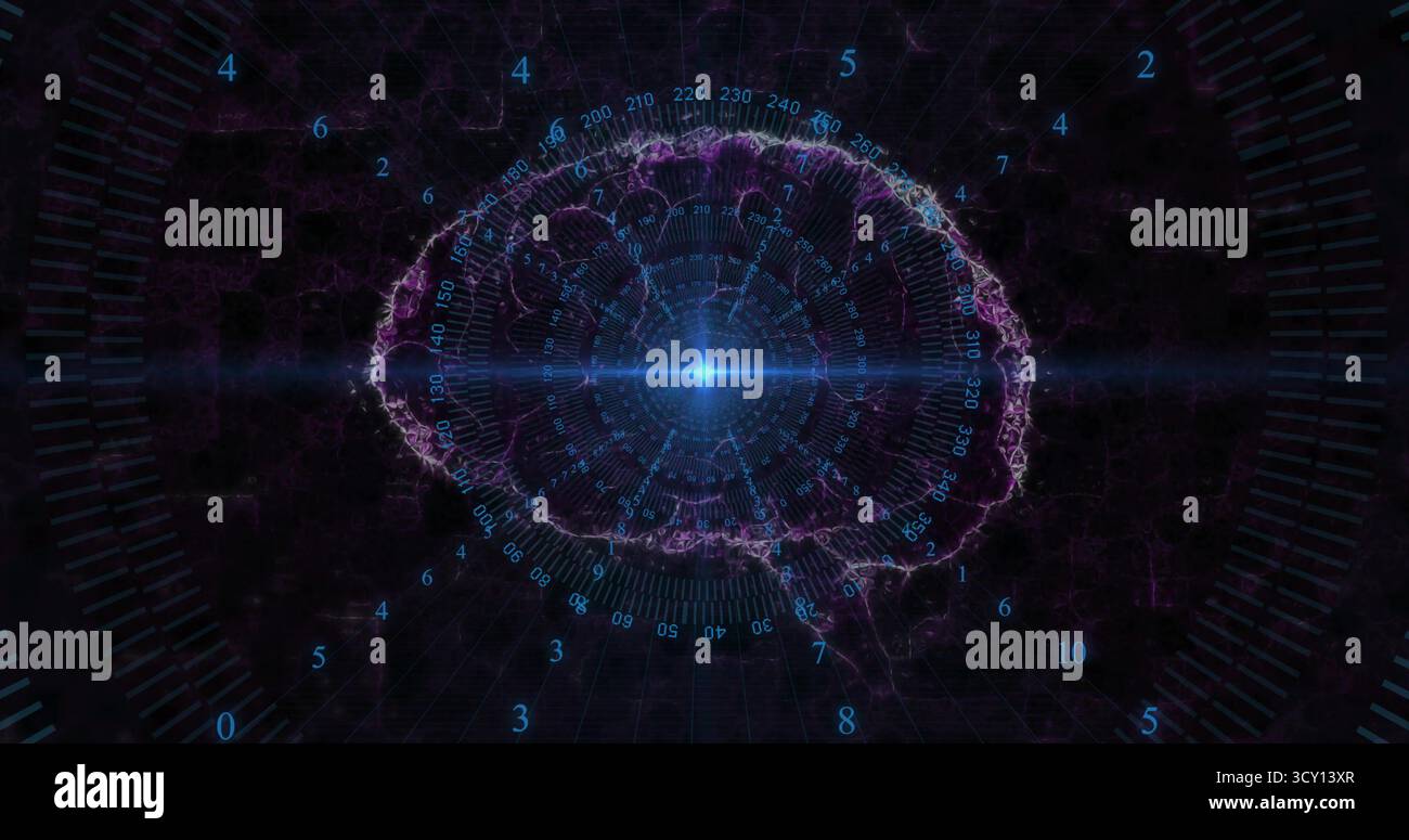 Displaying stylized brain network graphic featuring central flare at interface, with radial gauge Stock Photo